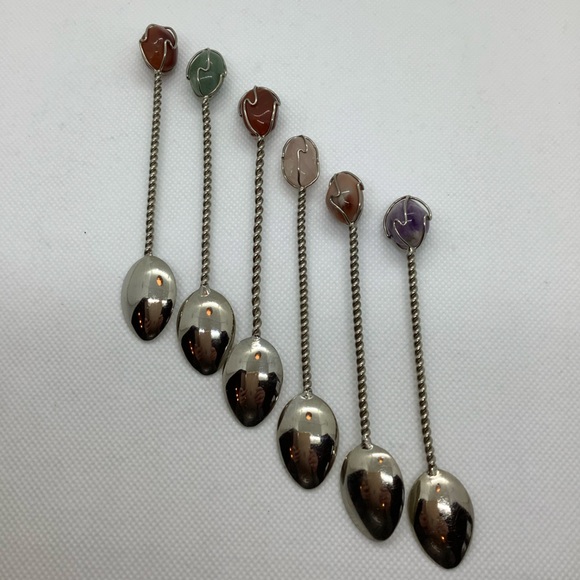 Silver Tone Twisted Semi Precious Gemstone Handle Demitasse Spoons Set of 6 - Picture 2 of 16